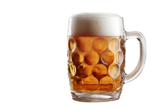 Refreshing golden beer in a clear glass mug on transparent background