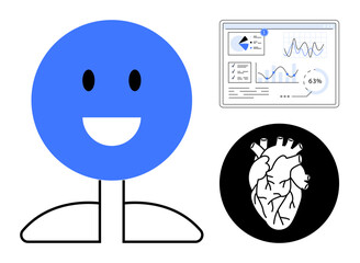 Blue happy character next to detailed analytics dashboard and heart anatomy diagram. Ideal for healthcare, data science, wellness, medical research, AI health tech, education, innovation, flat simple