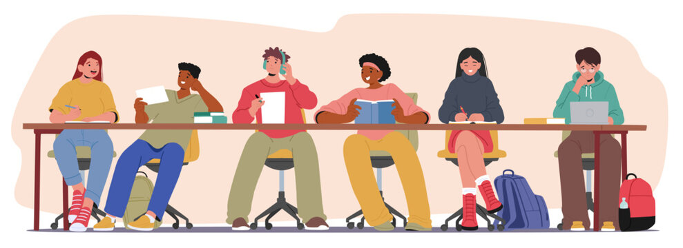 Group of students enjoying studying process together feeling interest and motivation at lesson