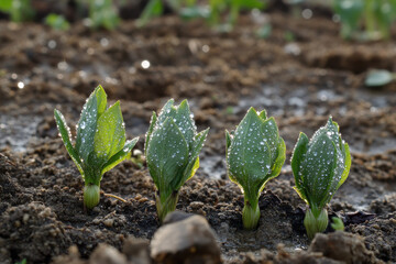 New sprouts, adorned with sparkling dew, emerge from the nourishing soil, symbolizing growth and renewal in nature