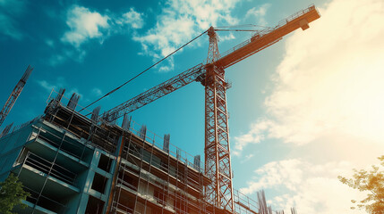 Fototapeta premium A high crane standing on a construction site, surrounded by scaffolding and building materials
