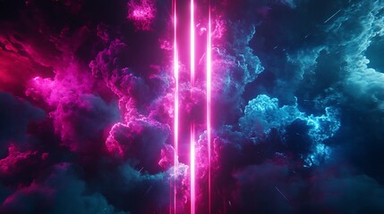 Neon pink light beams between colorful swirling clouds in the sky