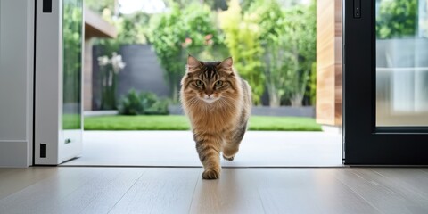 Fototapeta na wymiar smart pet technology, automated pet door with facial recognition lets fluffy cat come and go, part of a smart home solution for pets in modern backyard
