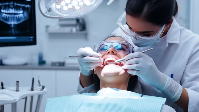 Professional dentist or dental assistant diligently works on a patient during examination, showcasing the importance of healthcare and patient care. Vertical video made using generative AI.