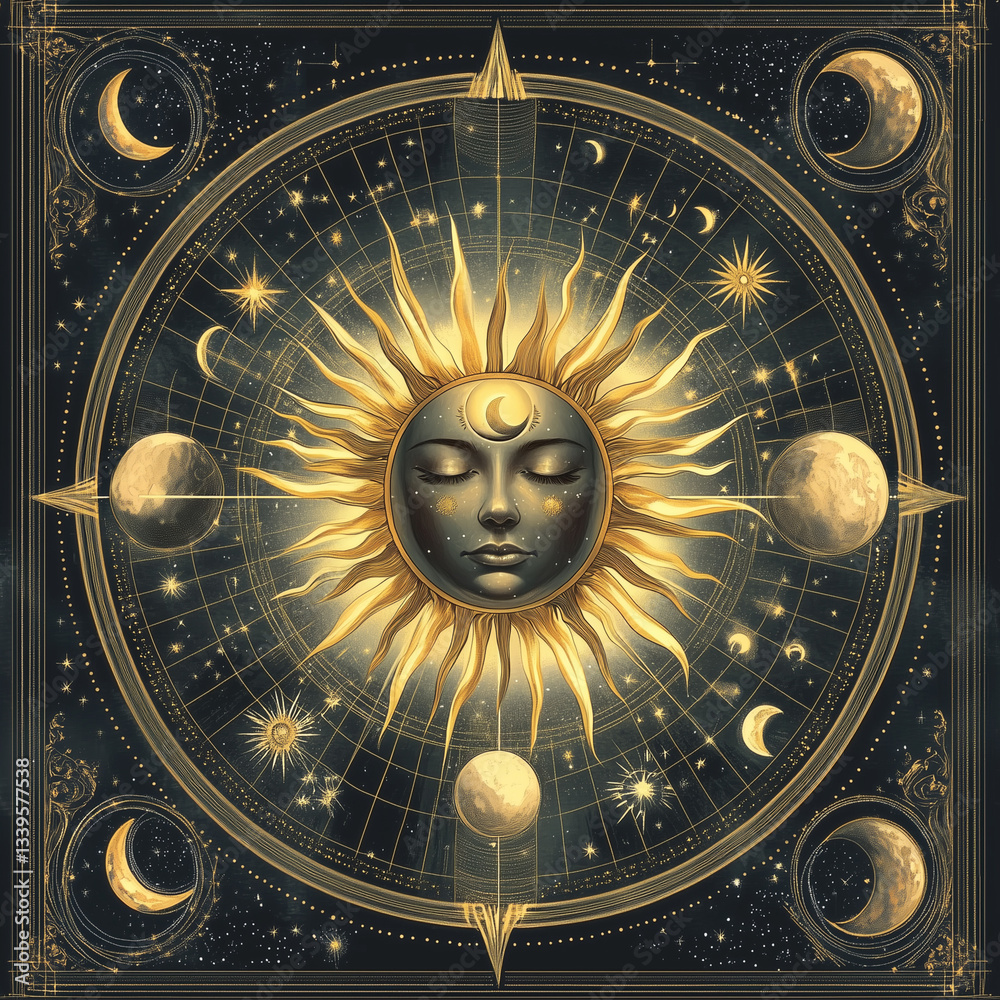 Wall mural illustration set of moon phases. different stages of moonlight activity in vintage engraving style. 
