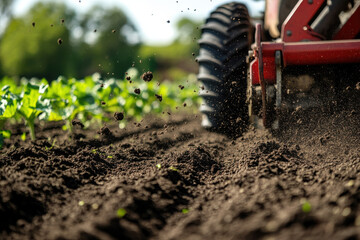 Closeup of a massive tractor tilling rich soil in a lush green field, showcasing key agricultural activity