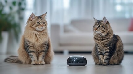 robotic pet interaction, a robot cat lounges beside a curious feline in a modern, well-lit home, with the background softly blurred