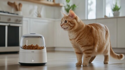 automated pet feeding, high-tech pet feeder with touchscreen, serving gourmet kibble to a happy cat, in a modern kitchen