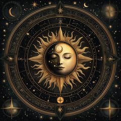 Fototapeta premium illustration set of moon phases. Different stages of moonlight activity in vintage engraving style. Zodiac Signs 