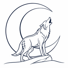 Sleek Wolf Howling at Crescent Moon – Elegant Vector Outline Design Vector Illustration