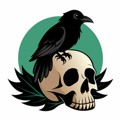 Black Crow and Skull – Spooky Printable Halloween Gothic Vector Design 