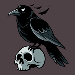 Black Crow and Skull – Spooky Printable Halloween Gothic Vector Design 