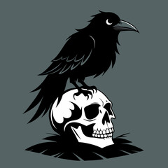 Black Crow and Skull – Spooky Printable Halloween Gothic Vector Design 