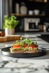 Avocado Toast with Microgreens, Cherry Tomatoes, and Black Sesame on Sourdough Bread