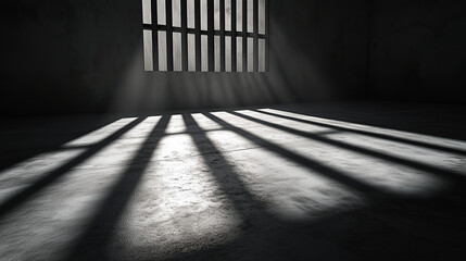 Interplay of shadows from barred structures across an empty gray space, evoking somber confinement atmosphere