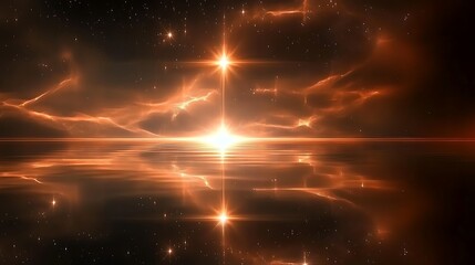 Bright stars and clouds reflect over a smooth water surface
