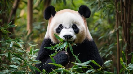 Obraz premium A giant panda sitting in a bamboo forest, chewing on fresh green leaves --ar 16:9 --v 6.1 Job ID: 853acbb5-abaf-49aa-9fdb-791dc8dc452c