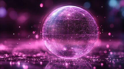 Glowing pink sphere reflecting on surface.