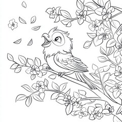 Obraz premium Whimsical Chirp: An intricately drawn bird perched amidst blossoming branches, capturing the joyous melodies of nature's song in a charming, artistic portrayal.