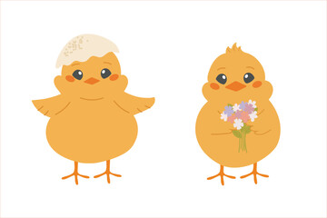 Cute little Easter chicks with a bouquet of flowers and eggshell on head. Flat isolated vector illustration.