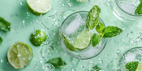 Floating mojito with fresh mint and lime splashes on a pastel green background