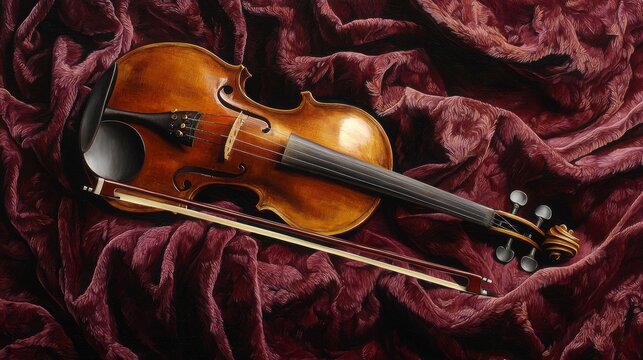 Violin with Sable Bow on Velvet Drape