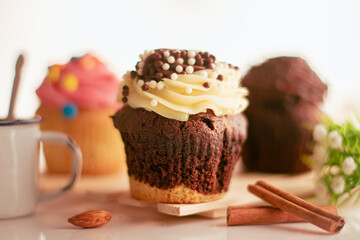 chocolate cupcake with whipped cream and coffe