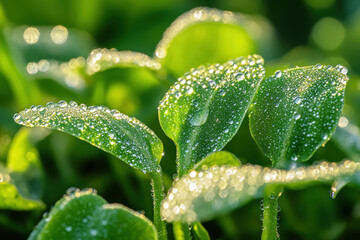 A stunning closeup of vibrant green leaves, each adorned with glistening morning dew droplets sparkling in the light