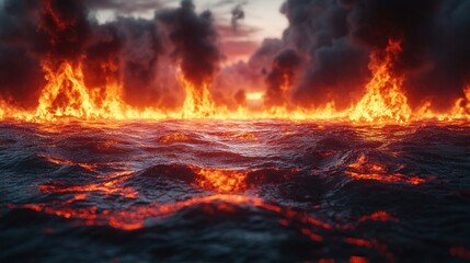 Fototapeta premium Fiery ocean ablaze, dramatic scene of intense flames engulfing a turbulent sea of molten rock under a dark, smoky sky