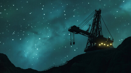 Nighttime view of crane silhouetted against starry sky showcasing industrial strength and serene beauty
