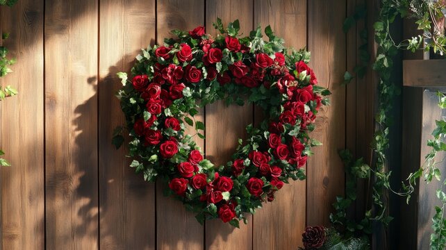 Heart Shaped Red Rose Wreath On Wooden Wall
