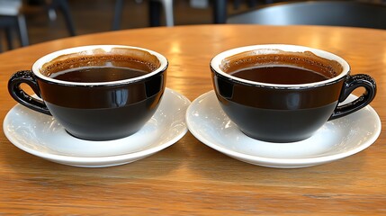 Obraz premium Two coffees on a table in a cafe, enjoying