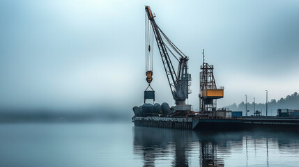 Crane on a dock unloading heavy materials from a cargo ship under bright lights