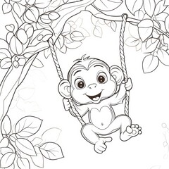 Whimsical Monkey Swinging: A charming illustration depicts a smiling monkey joyfully swinging from a tree branch, inviting playful imagination and delight. 