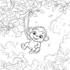 Playful Monkey's Jungle Swing: A charming cartoon monkey joyfully swings through the jungle, enveloped by lush foliage and the essence of the wild. 