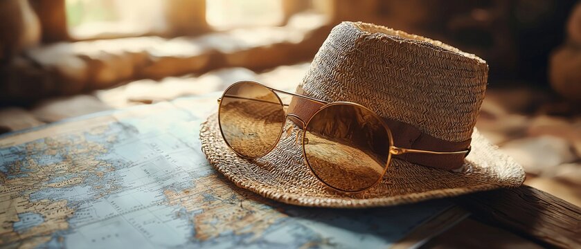 Ready for Adventure Travel Planning with Map, Hat, and Sunglasses