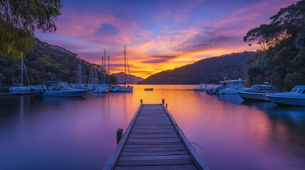 Obraz premium Stunning sunrise jetty view featuring docked boats, capturing early morning light and serene maritime energy