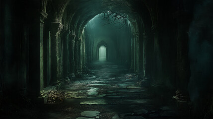 Cinematic urban alley featuring a long winding path and dramatic interplay of dark mysterious shadows