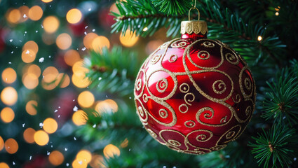 A Sparkling Red Christmas Ornament Adorned With Elegant Gold Swirls Hangs On A Lush Green Tree, Bathed In Warm, Festive Lights And A Gentle Snowfall