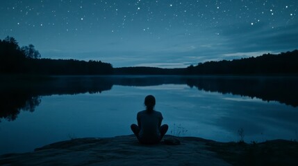 Serene Night Woman Meditating by a Tranquil Lake Under a Starry Sky
