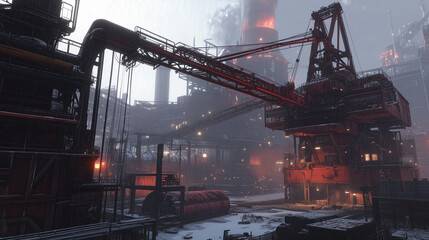 Massive industrial crane operating near a bustling steel mill, exemplifying modern engineering and manufacturing power