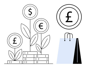 Plants with dollar, euro, pound signs growing atop coin stacks, alongside a shopping bag. Ideal for economy, investment, finance, global trade e-commerce savings and wealth concepts. Flat simple