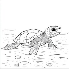 Fototapeta premium Baby Turtle's Coastal Journey: A young sea turtle embarks on its journey, exploring the shoreline's sandy terrain in a beautifully illustrated display, capturing the essence of marine life.
