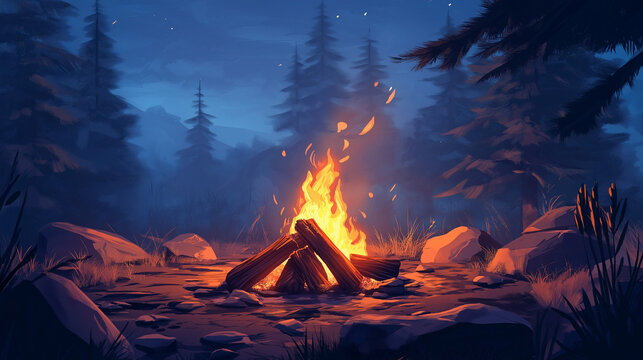 Dynamic crackling campfire with long, soaring flames reaching upward ignites adventurous spirits in wild nights