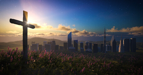 Big wooden cross on a flowering hill in front of the city with moving clouds on blue starry sky. Easter, resurrection, new life, redemption concept.