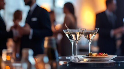 Elegant martini cocktails served at corporate event with business people networking
