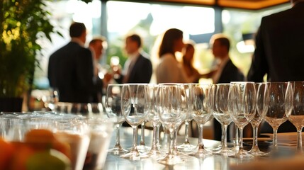 Empty wine glasses standing on bar counter during corporate event