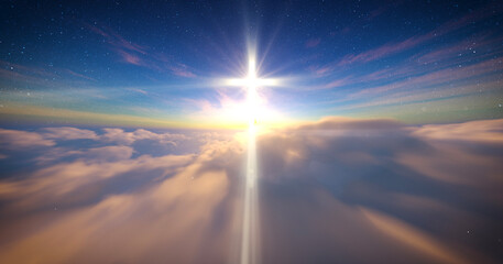 Luminous cross on blue starry sky and moving clouds