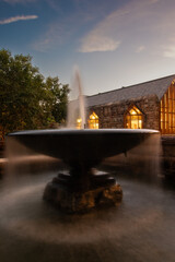 fountain with church backdrop