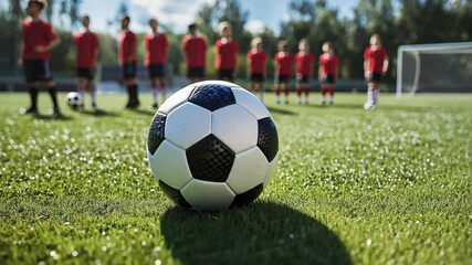 Youth soccer players practice on field. Stand in line, ready for training. Focus on black, white soccer ball. Scene shows sports camp academy. Young athletes likely prepare for match